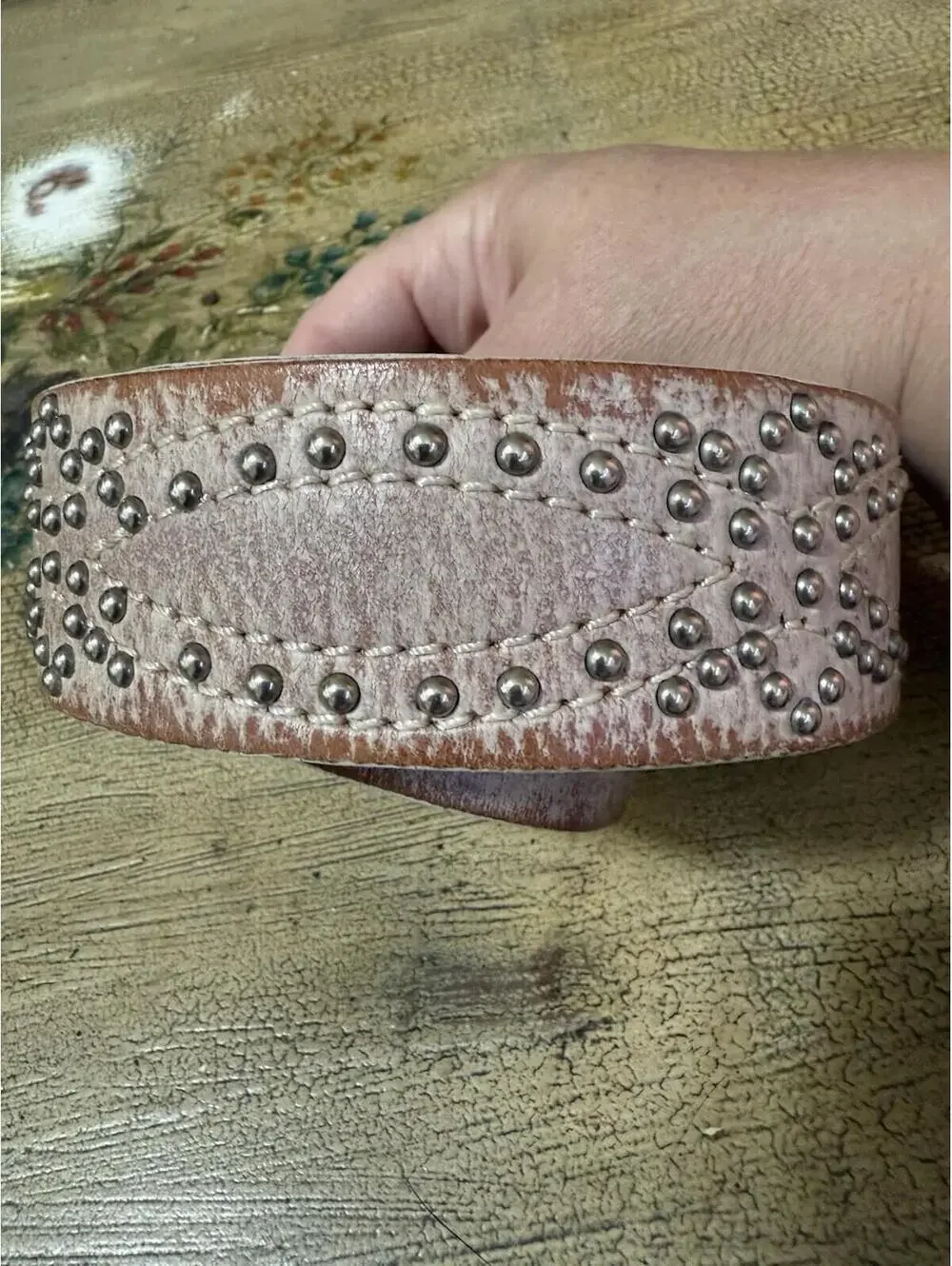 The Limited Light Pink Destressed Studded Belt Sz.S